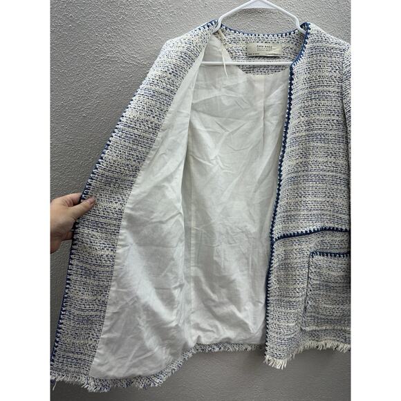 Zara Basic Outerwear Womens Coat Size XS White Blue Tweed Open Front Lined - Picture 4 of 11